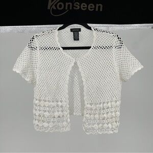 Women’s Large White Crochet Cardigan Shrug Cottagecore Granny Y2K‎ 90’s